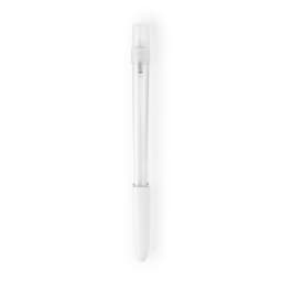 A transparent pen with a white cap and a white grip, featuring a logo on the barrel.