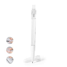 A clear pen with a white cap and grip, featuring a branding logo. The pen has a transparent barrel.