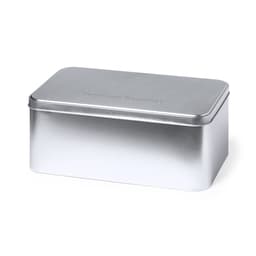 A silver metal gift box with a hinged lid, featuring a subtle branding imprint on the top.