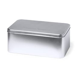 A silver tin container with a smooth finish and a lid, featuring a logo on the top.