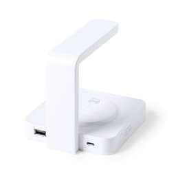 A white wireless charger with a sleek design featuring a vertical stand and USB connections.