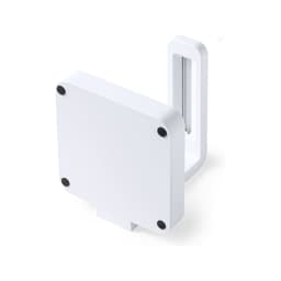 A white wireless charger with a square design and a vertical stand, featuring black rubber feet for stability.