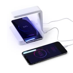 A wireless charger in white with a phone displaying charging status, featuring a modern design and a connected cable.