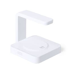 A white wireless charger with a sleek design and angled stand. It features a circular charging pad and has a logo.