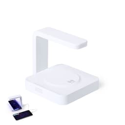 A white wireless charger with a sleek design, featuring a curved arm and a round charging pad.