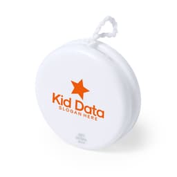 A white yoyo featuring a logo and a star design, with a string attached for playing.