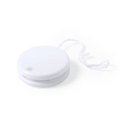 A white antibacterial yo-yo with a textured surface and a white string attached. It features a logo.