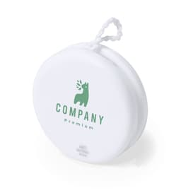 A white yoyo featuring a logo, designed with antibacterial properties. It has a string for easy play.