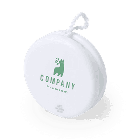 A white yoyo with a logo and an antibacterial feature, designed as a fun and engaging product.