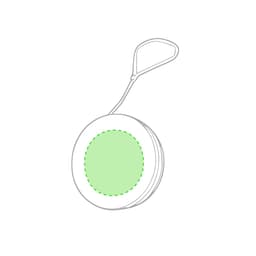 A green and white yoyo with a looped string attached. Features a circular design and has a brand logo.