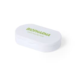 An oval white pillbox with a green logo and a secure closure.