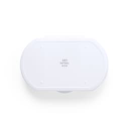 A white oval pillbox with a lid featuring a branding logo and an antibacterial label on the top.