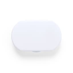 A white rectangular pillbox with a smooth surface and a clasp, featuring a logo on the top.