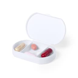 A white antibacterial pillbox opened to reveal four capsules in various colours. The box has a simple design and branding.