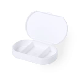 A white hemp-infused antibacterial pillbox with two compartments. It features a smooth, rounded design and a hinged lid.