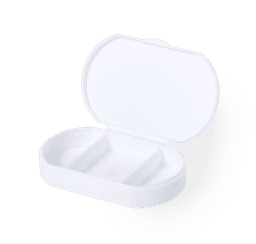 A white antibacterial pillbox with two compartments, featuring a sleek design and a smooth finish.