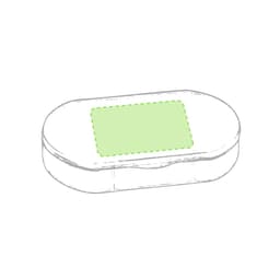A rectangular, white pillbox with a green lid and a logo on the surface.