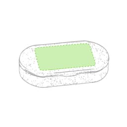 A rectangular, green and speckled pillbox with a smooth surface and rounded edges, featuring a logo.
