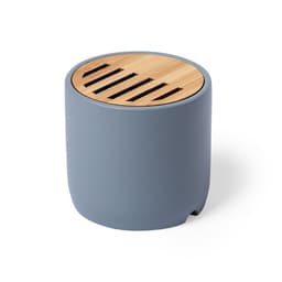 A Bluetooth speaker in a cylindrical design featuring a grey body and a wooden top with slits for sound projection.