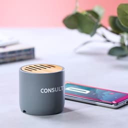 A grey Bluetooth speaker with a wooden top sits beside a smartphone on a table, surrounded by greenery.