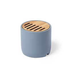 A cylindrical blue speaker featuring a wooden top with slits for sound projection. It has a smooth finish and a modern design.