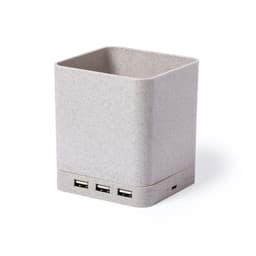 A square, light grey pencil holder with three USB ports at the base and a smooth finish.