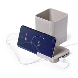 A grey charging dock with a phone resting on it and multiple USB ports for charging devices.