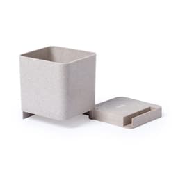 A square, light grey container with a matching lid. The container features a branding logo.