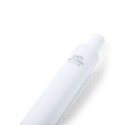 A white plastic pen with an antibacterial feature, featuring a clip and a logo.