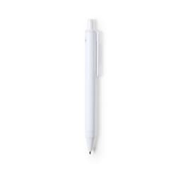 A white plastic pen with a clip, featuring a streamlined design and a black writing tip. It has a logo on it.