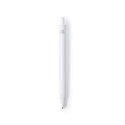 A white plastic pen featuring a logo, with a simple and sleek design.