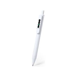 A white plastic pen featuring a scale and a button-like detail, with a sleek, modern design.