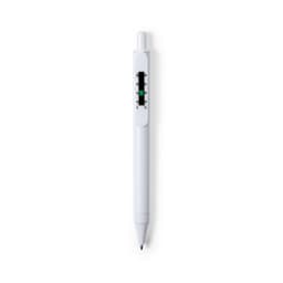 A white plastic pen featuring a measuring scale and a small logo.