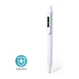A white antibacterial plastic pen with a logo on the side and a clear multi-function measurement scale.