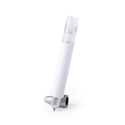 A white pen with a transparent cap and silver detailing, featuring a logo on the side.