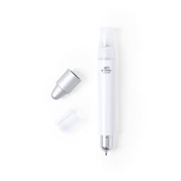 A white antibacterial pen with a transparent cap and a silver end, featuring a logo.