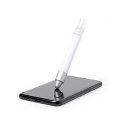 A sleek white pen with a silver tip positioned over a smartphone screen, reflecting its shape and colour.