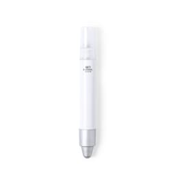 A white pen with a silver tip, featuring an anti-bacterial design and a logo on its surface.