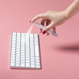 A hand holding a white pen sprays a mist over a white computer keyboard on a pink surface.