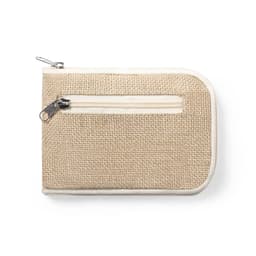 A beige foldable bag with a zip closure and an external zip pocket, featuring a branding logo.