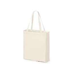 A foldable bag in a creamy beige colour with two handles and a simple design, featuring a logo.
