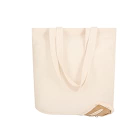 A foldable bag in a cream colour with long handles and a zippered pocket at the base. It features a logo.
