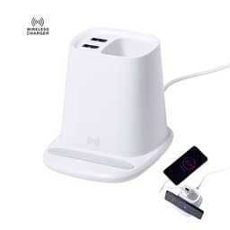 A white multifunction pencil holder with dual USB ports and a wireless charging pad for devices.
