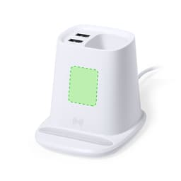 A white multifunction pencil holder with two USB ports and a wireless charging pad on the front.