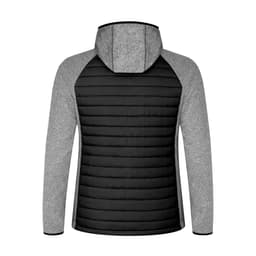 A soft shell jacket featuring a black quilted back and grey sleeves, complete with a hood and a logo.