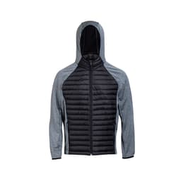 A soft shell jacket featuring a black and grey design with a hood and zip front. It has a logo on the garment.