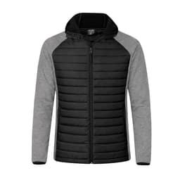 A soft shell jacket featuring a black front and grey sleeves, with a zip fastening and a hood. It includes a logo.
