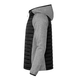 A soft shell jacket with a grey body, black sleeves, and a hood, featuring a branded logo.