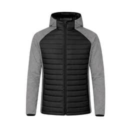 A soft shell jacket featuring a black body with grey sleeves and a hood. It has a front zip and a logo.