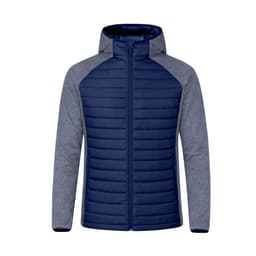 A navy and grey soft shell jacket with a zip front and hood, featuring a logo on the chest.